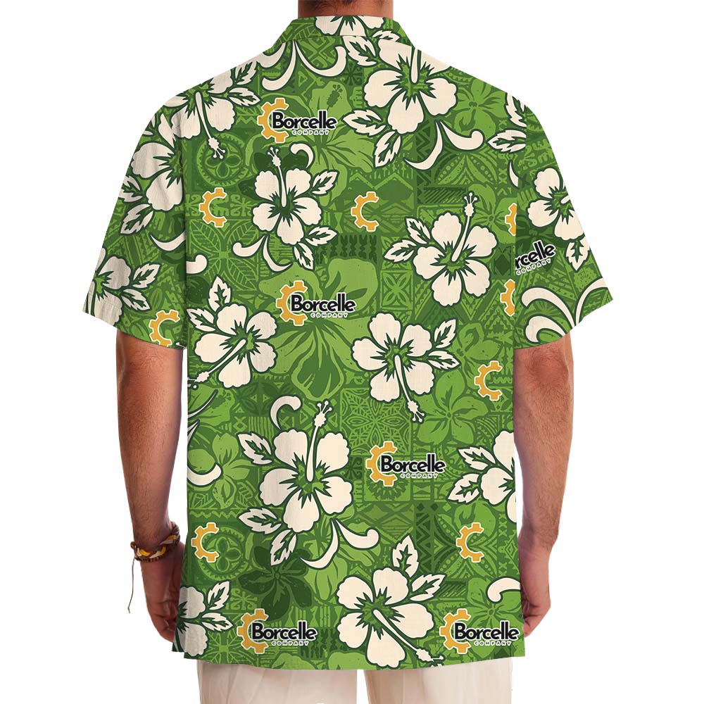 White And Green Hibiscus Hawaiian Shirt With Logo