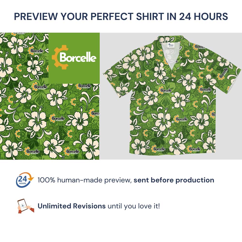 White And Green Hibiscus Hawaiian Shirt With Logo