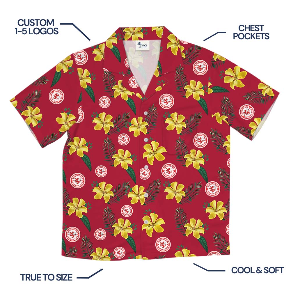 Red And Yellow Floral Hawaiian Shirt With Logo On Them