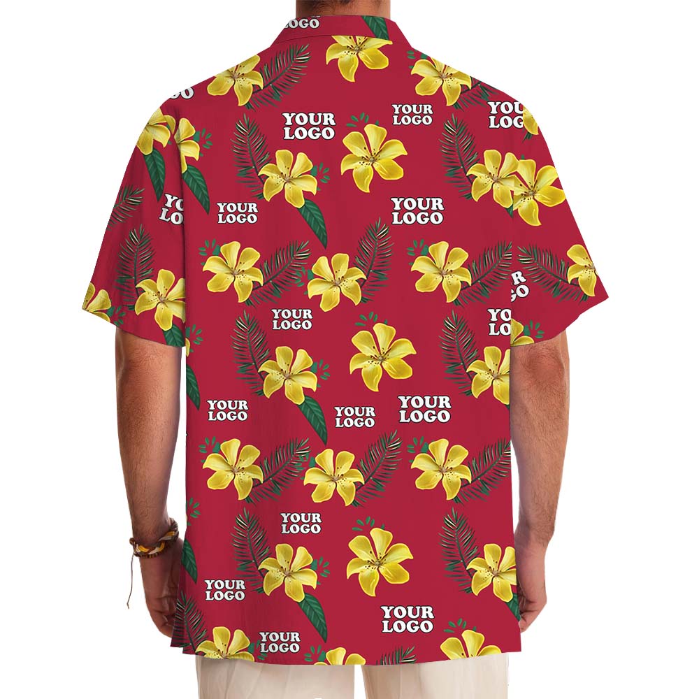 Red And Yellow Floral Hawaiian Shirt With Logo On Them