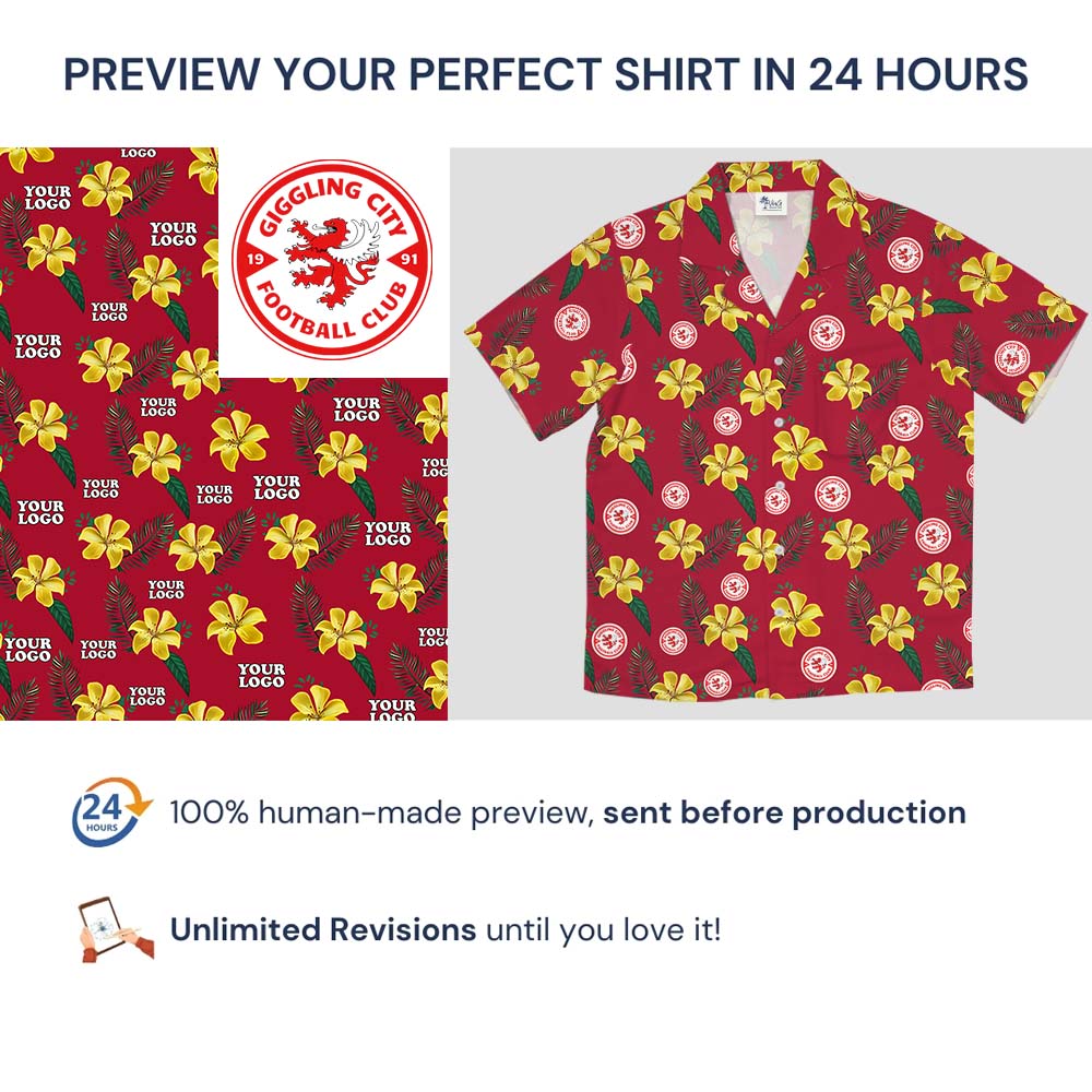 Red And Yellow Floral Hawaiian Shirt With Logo On Them