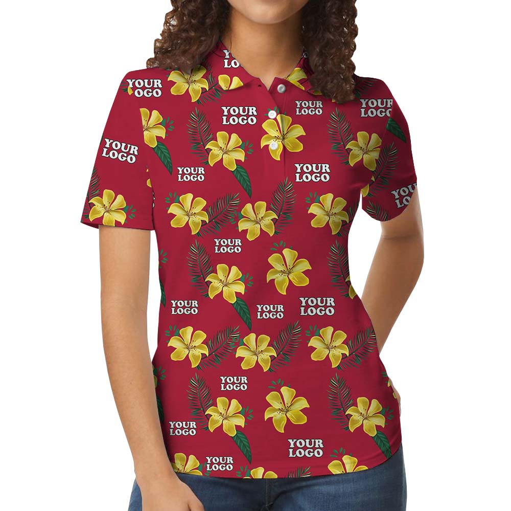 Yellow And Red Floral Custom Logo Collared Polo Shirt