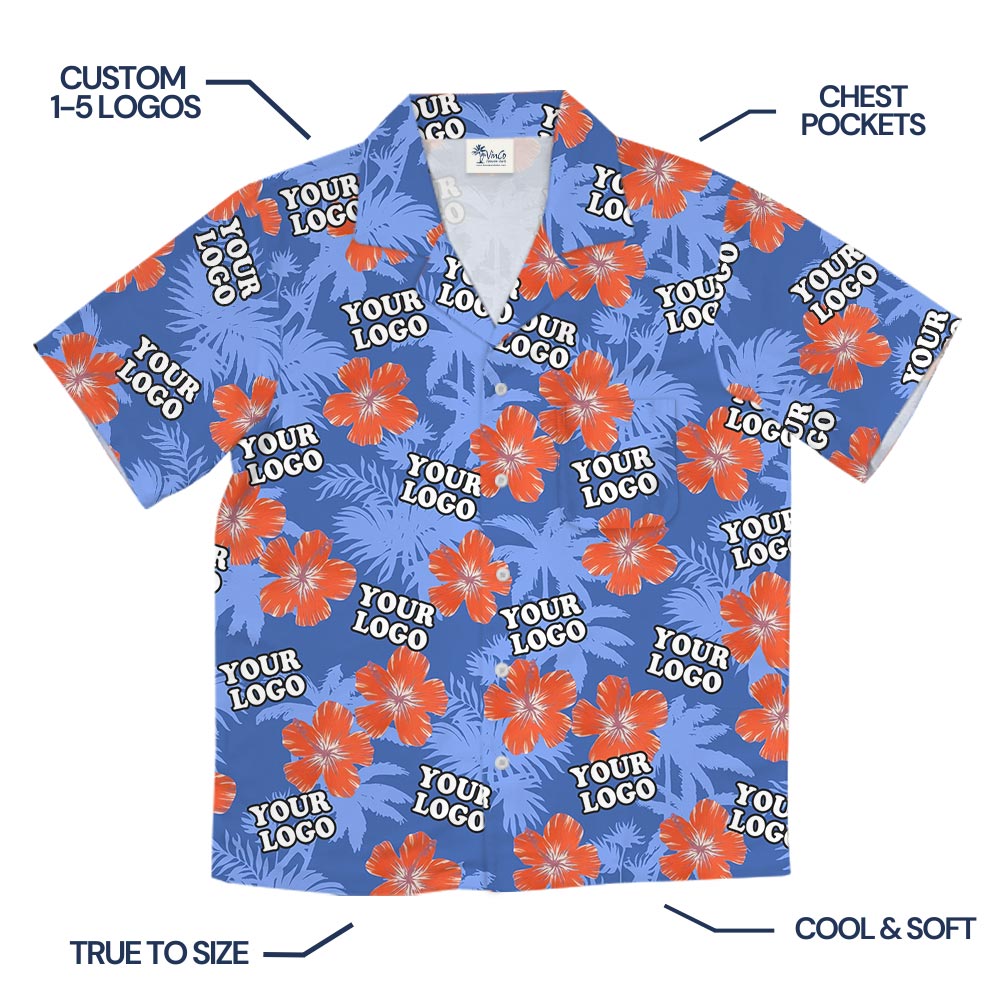 Blue Custom Corporate Hawaiian Shirt Company Logo