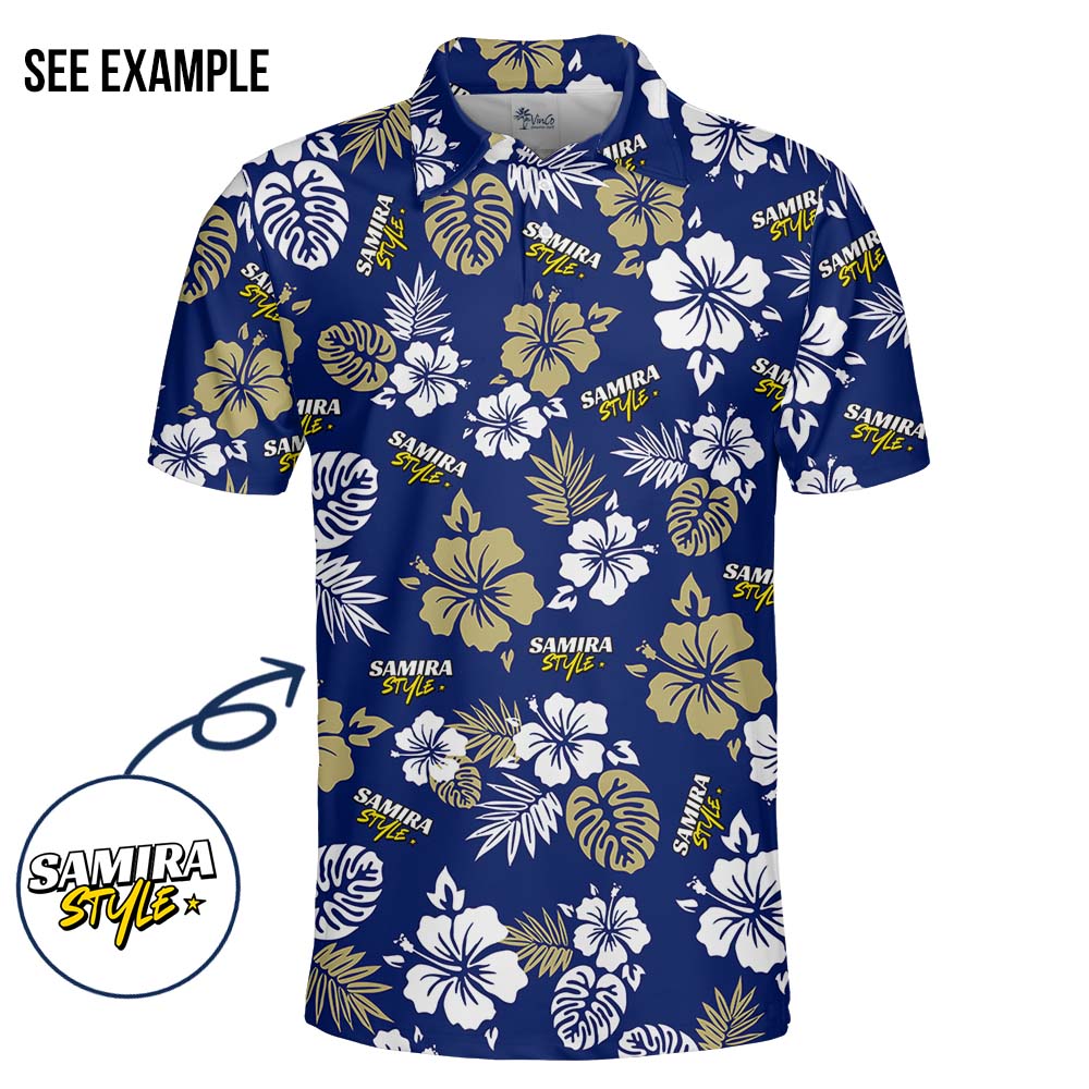 Customized Logo Navy Hawaiian Shirt With Floral Print