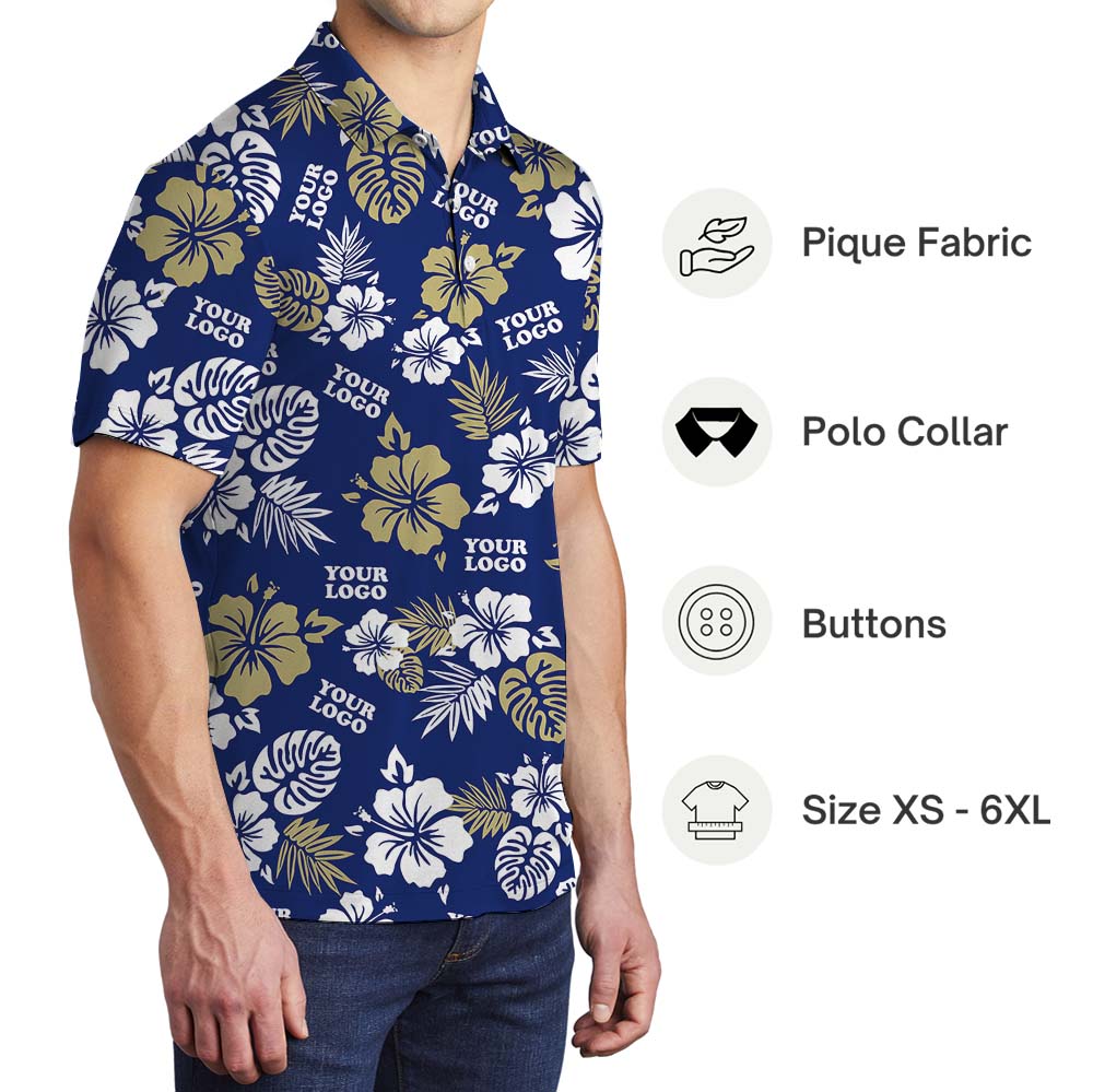 Customized Logo Navy Hawaiian Shirt With Floral Print