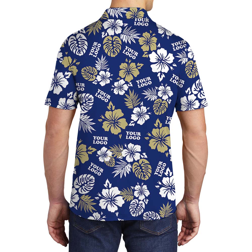 Customized Logo Navy Hawaiian Shirt With Floral Print
