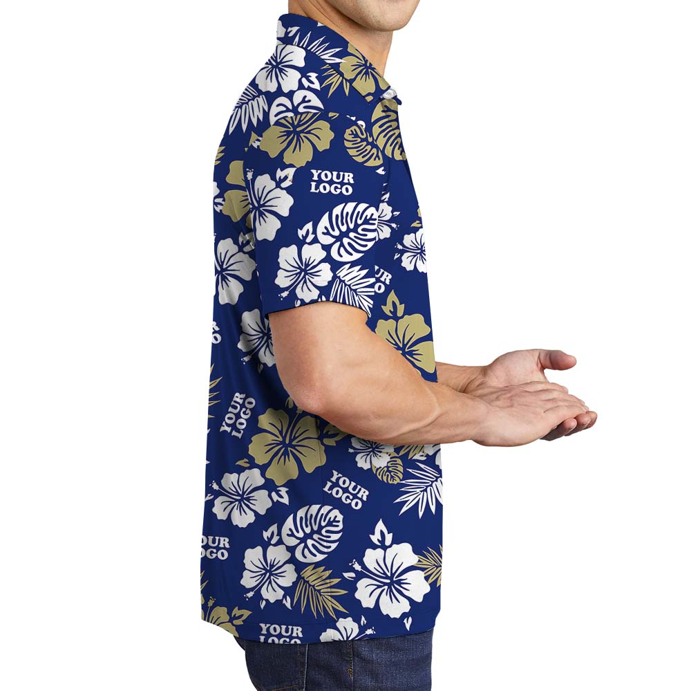 Customized Logo Navy Hawaiian Shirt With Floral Print