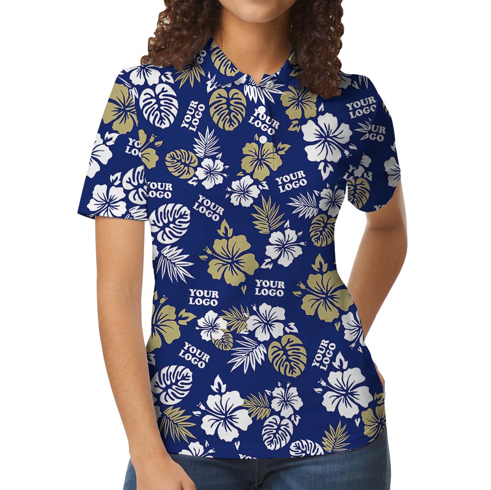Customized Logo Navy Hawaiian Shirt With Floral Print