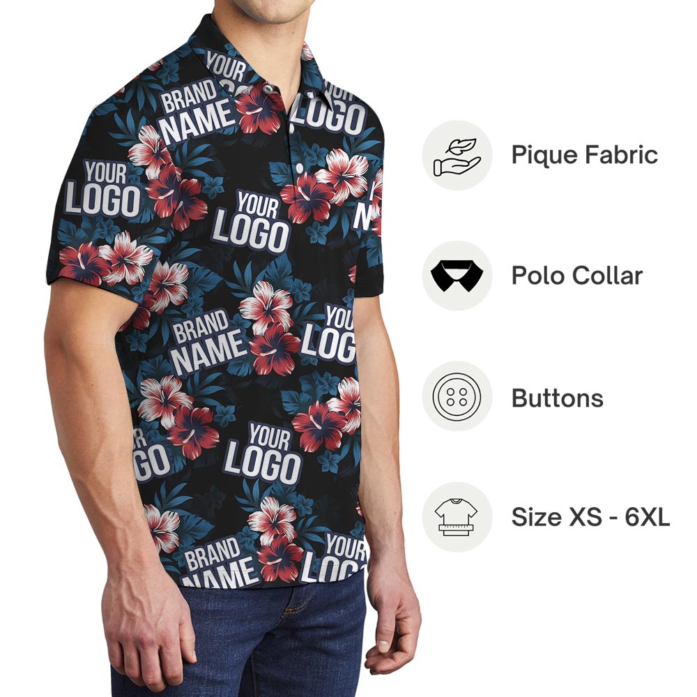 Navy Hibiscus Polo Shirt With Personalized Logo
