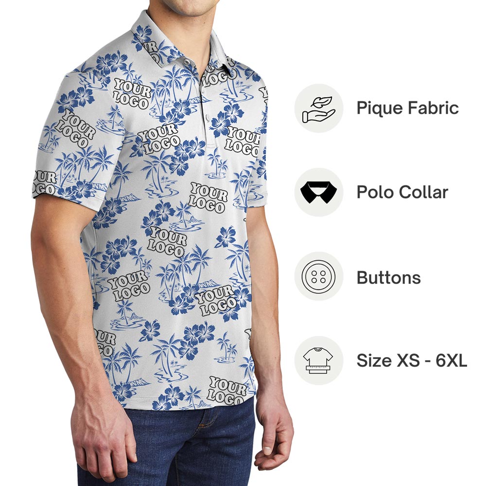 White Floral Custom Logo Hawaiian Golf Polo Shirt