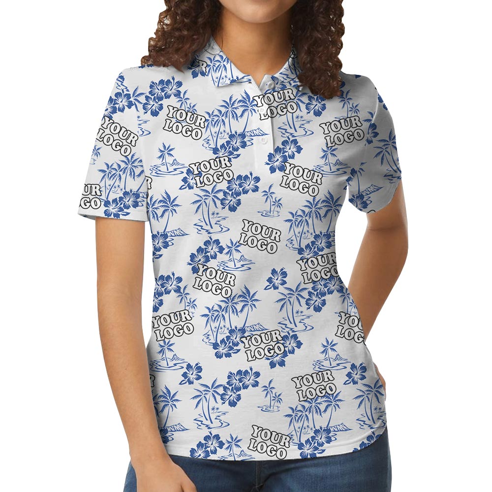 White Floral Custom Logo Hawaiian Golf Polo Shirt