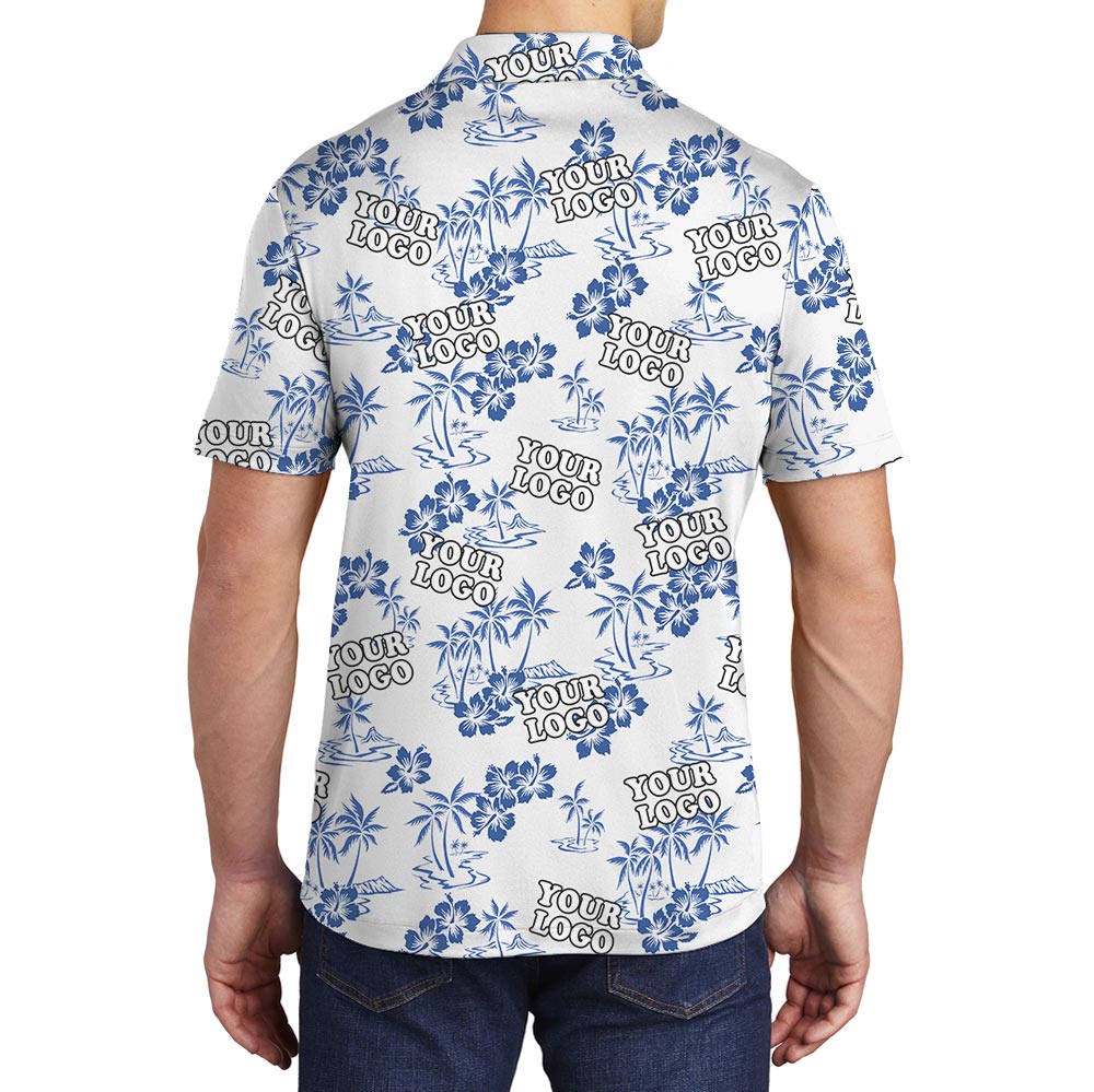 White Floral Custom Logo Hawaiian Golf Polo Shirt