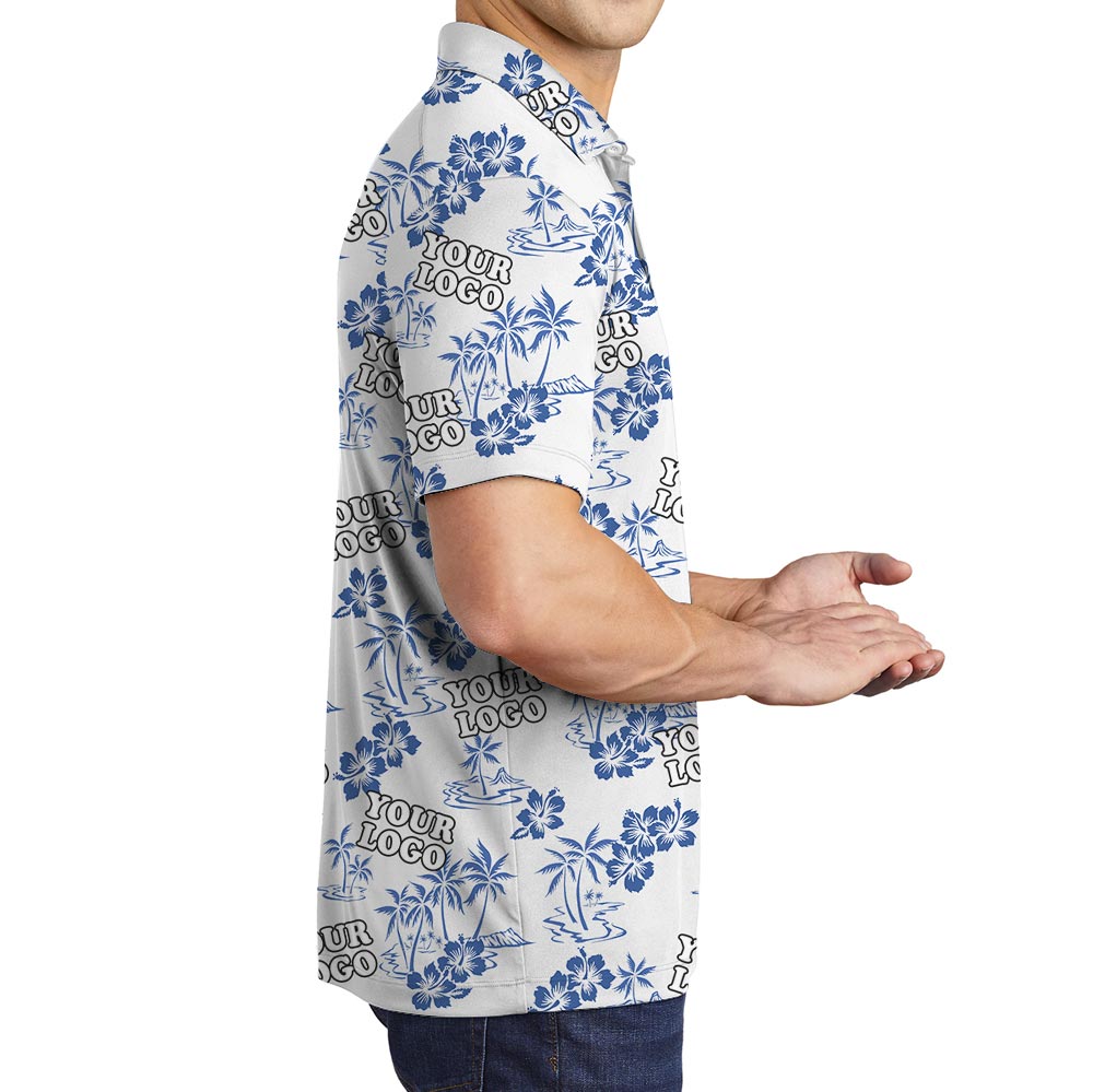 White Floral Custom Logo Hawaiian Golf Polo Shirt