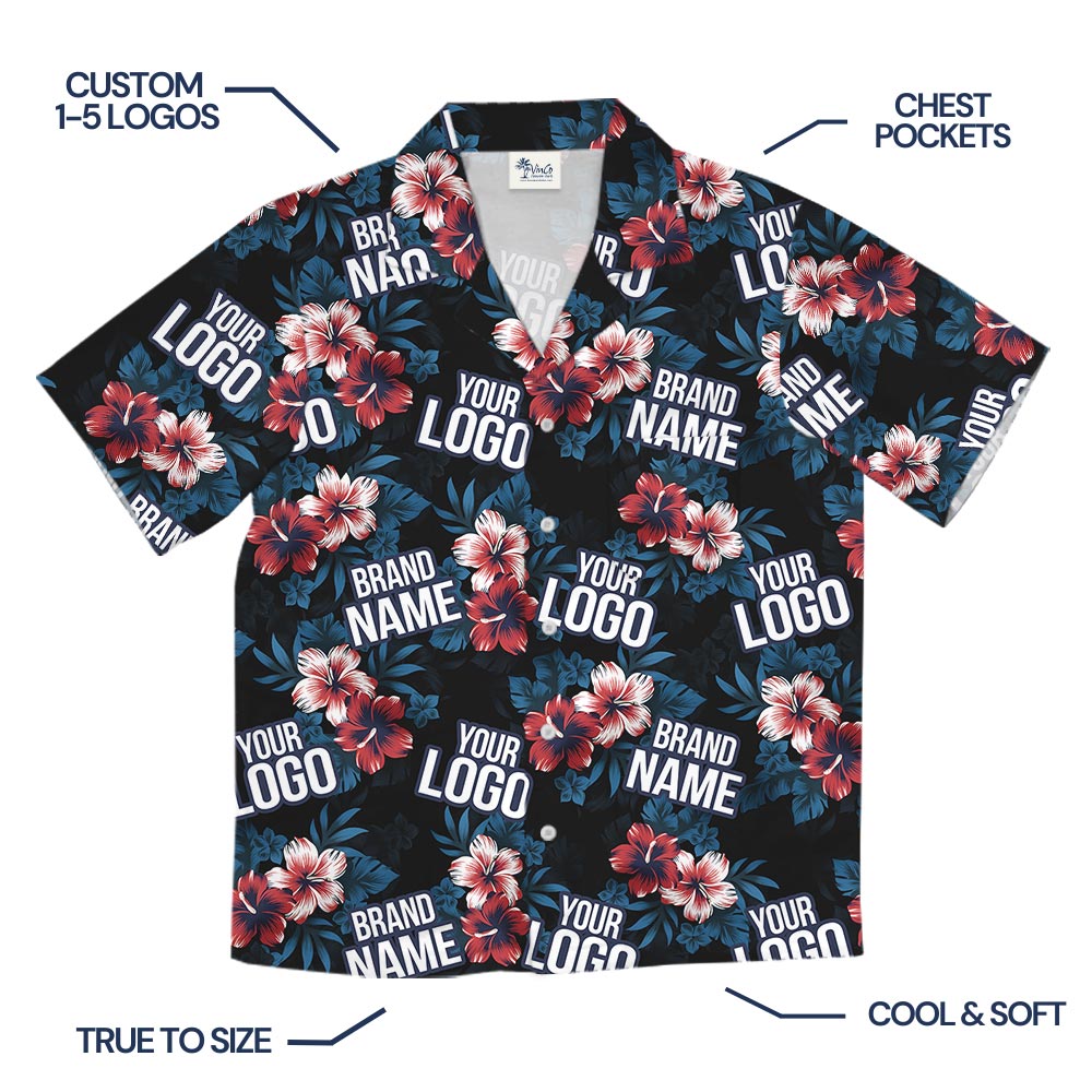 Customized Logo Hibiscus Navy Hawaiian Shirt With Pocket