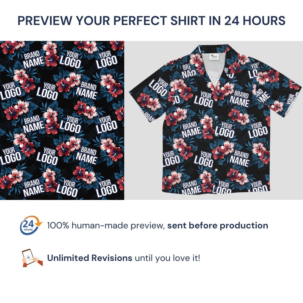 Customized Logo Hibiscus Navy Hawaiian Shirt With Pocket