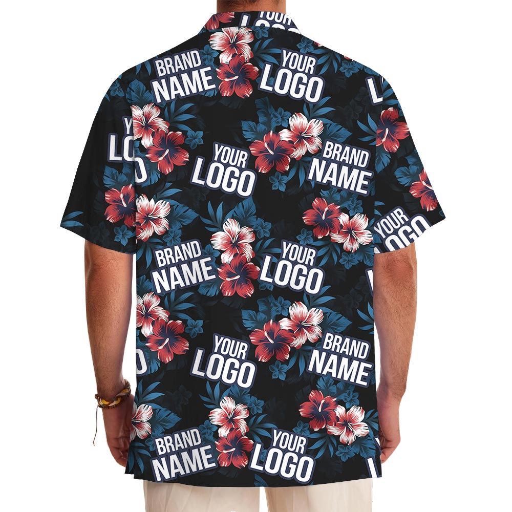 Customized Logo Hibiscus Navy Hawaiian Shirt With Pocket