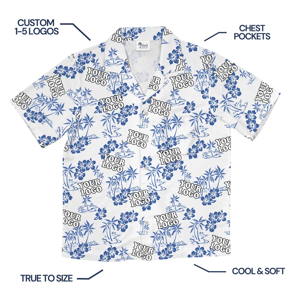 Custom Blue Logo White Hawaiian Shirt For Corporate