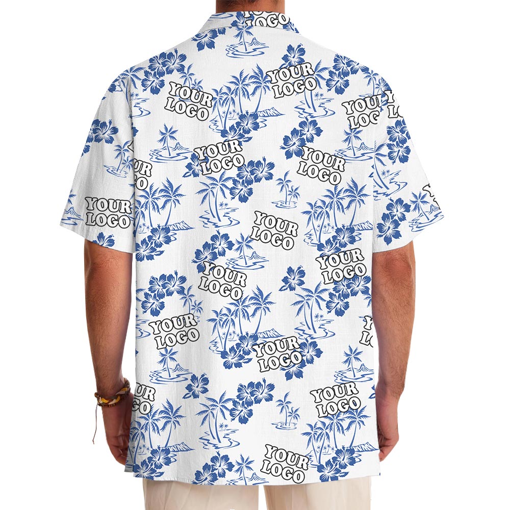 Custom Blue Logo White Hawaiian Shirt For Corporate