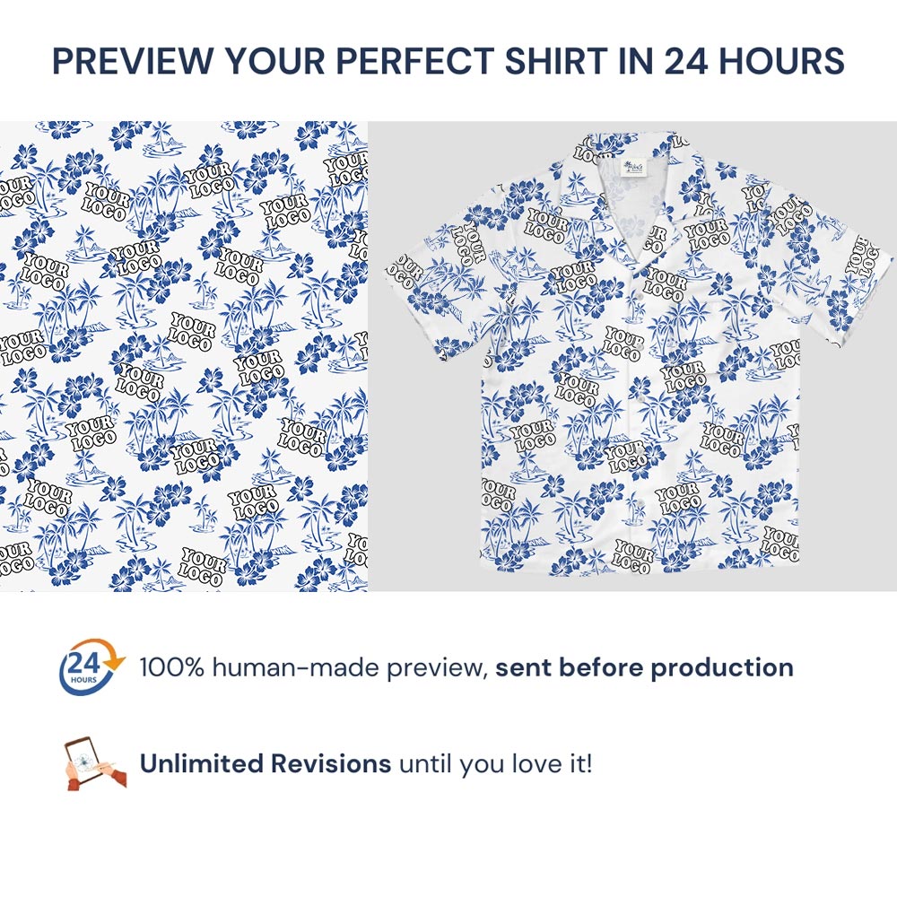 Custom Blue Logo White Hawaiian Shirt For Corporate