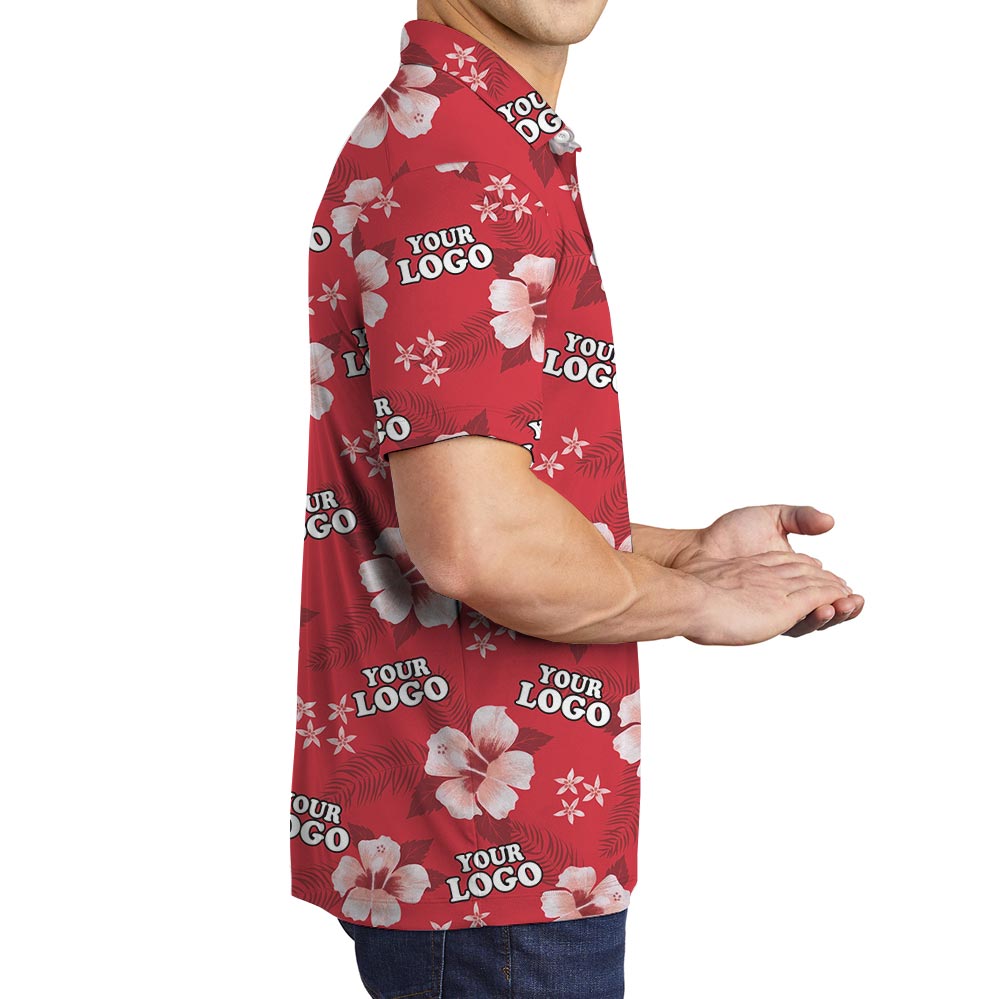 Red Hibiscus Hawaiian Polo Shirt With Custom Logo
