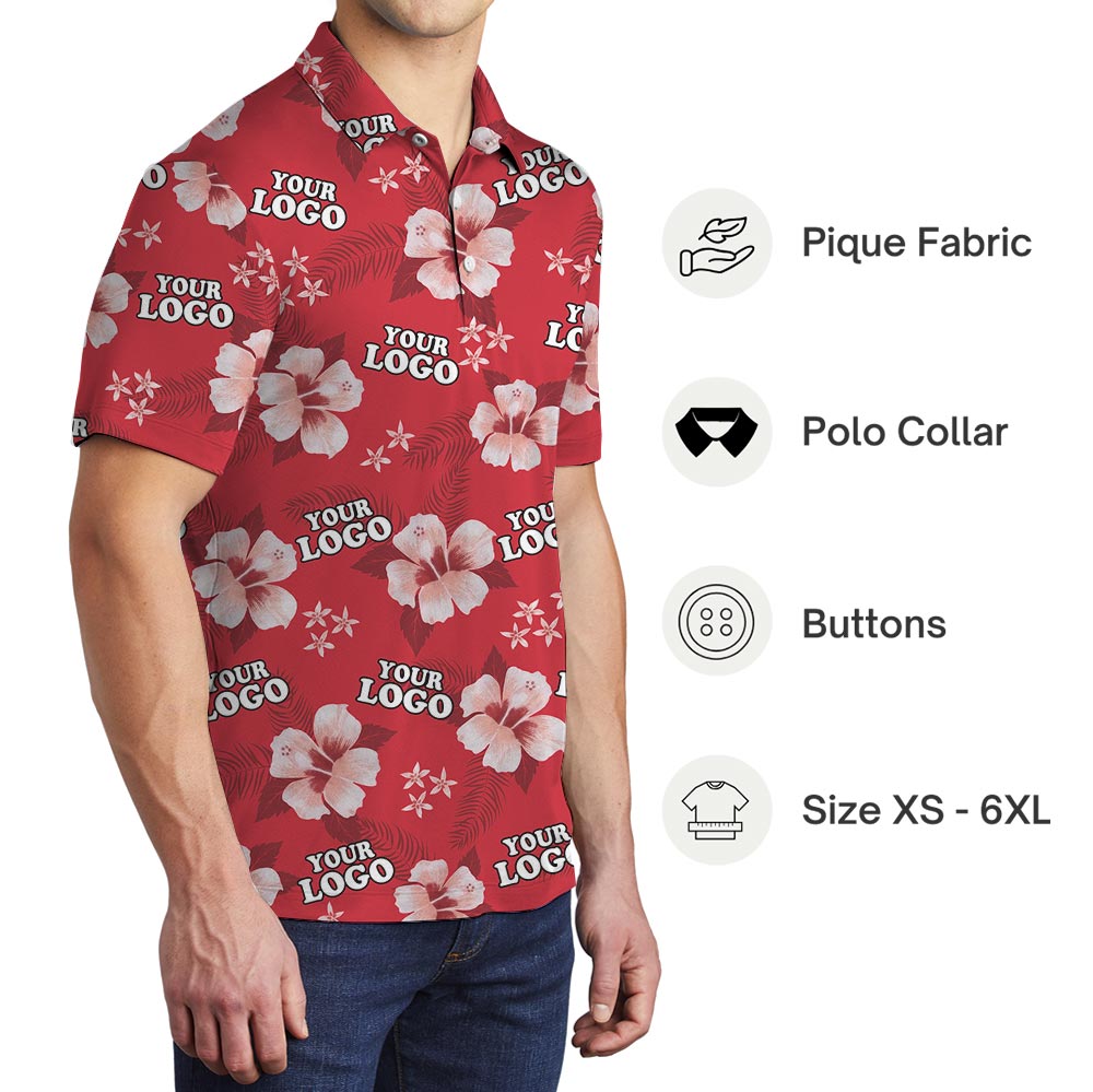Red Hibiscus Hawaiian Polo Shirt With Custom Logo
