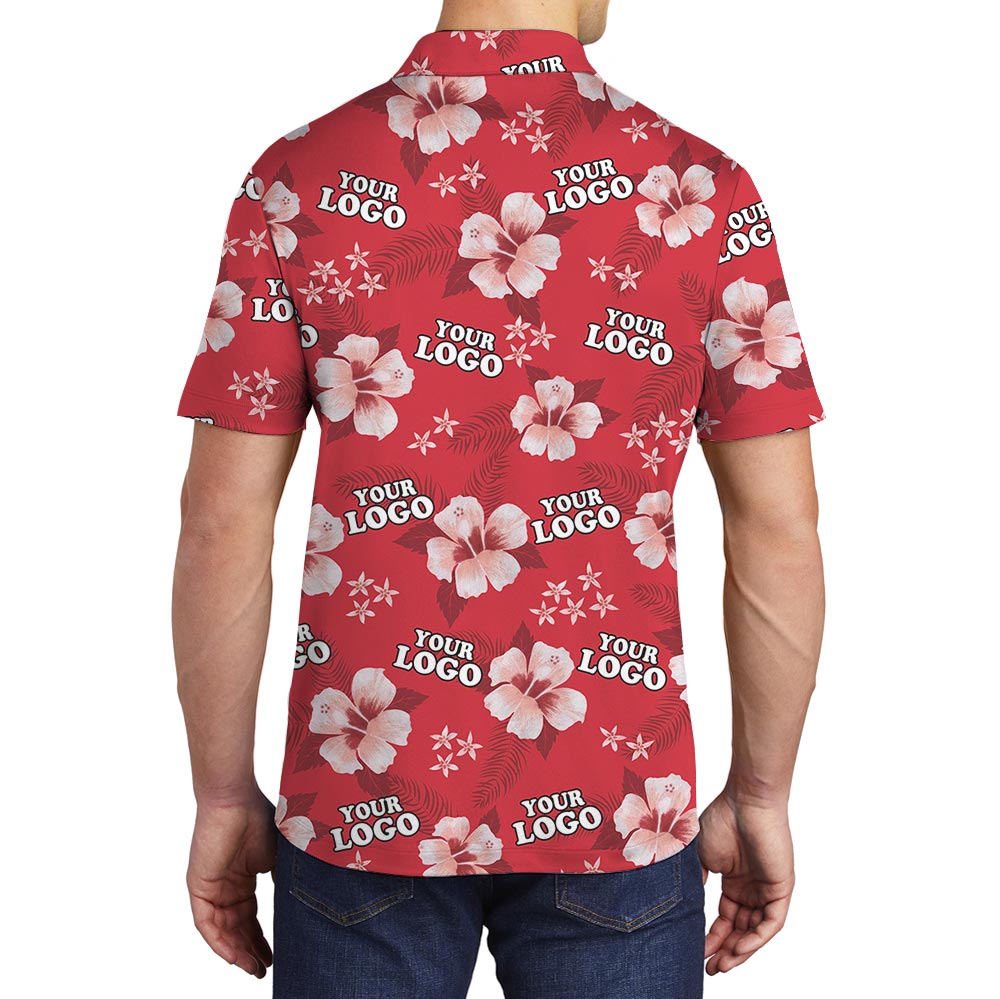Red Hibiscus Hawaiian Polo Shirt With Custom Logo