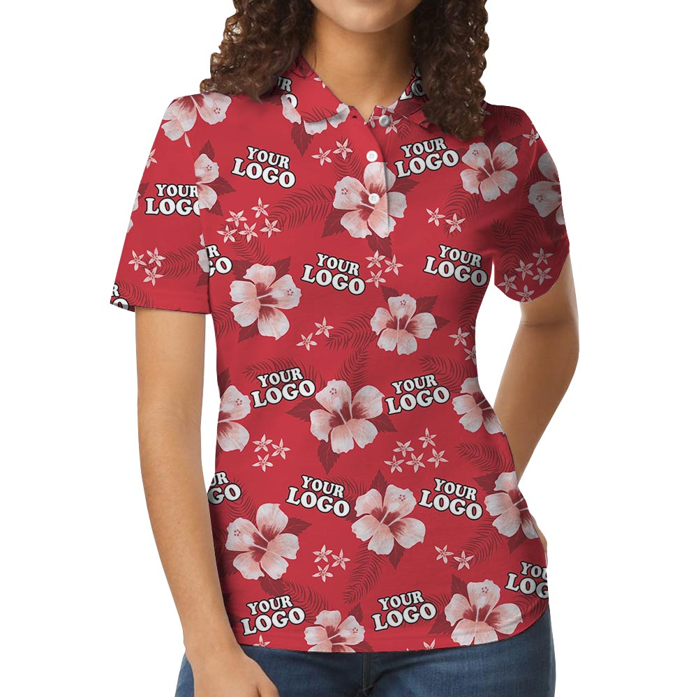 Red Hibiscus Hawaiian Polo Shirt With Custom Logo