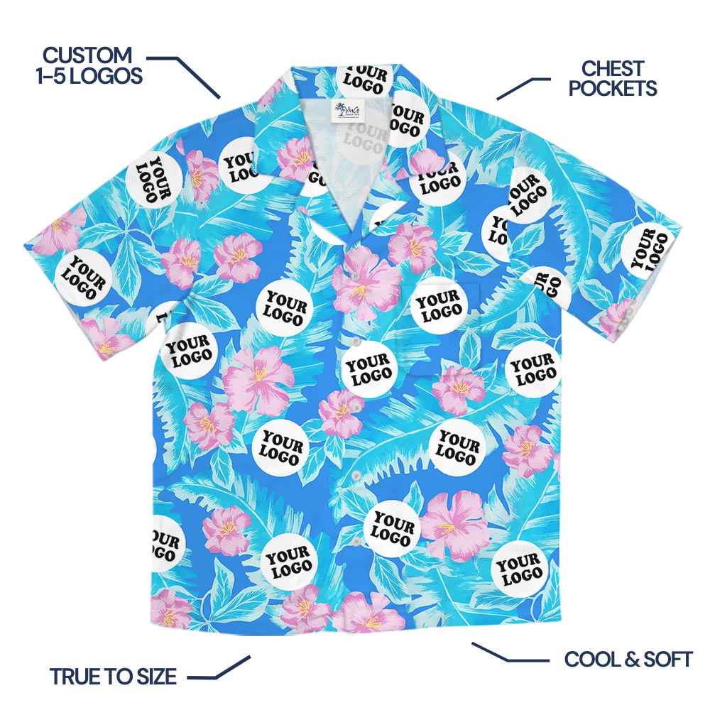 Custom Company Logo Blue Hawaiian Shirt Pink Hibiscus