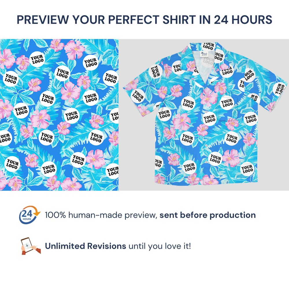 Custom Company Logo Blue Hawaiian Shirt Pink Hibiscus