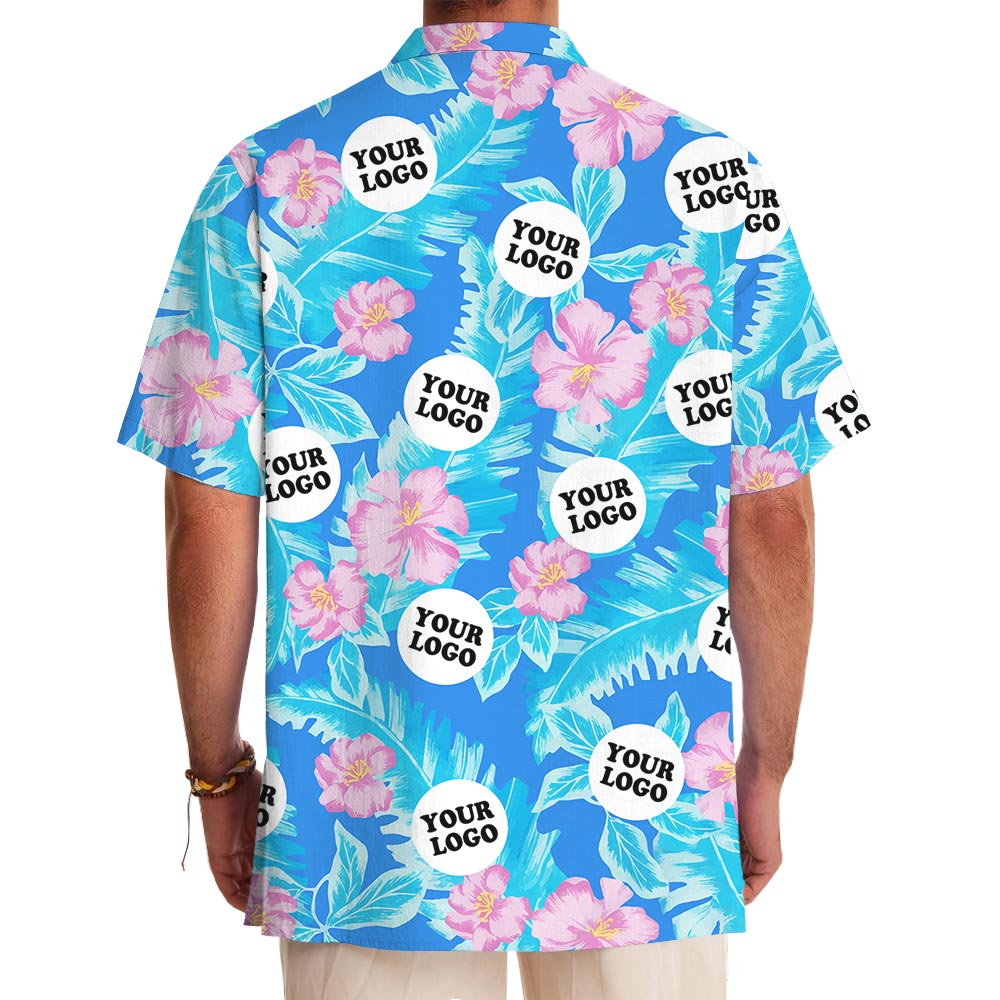 Custom Company Logo Blue Hawaiian Shirt Pink Hibiscus