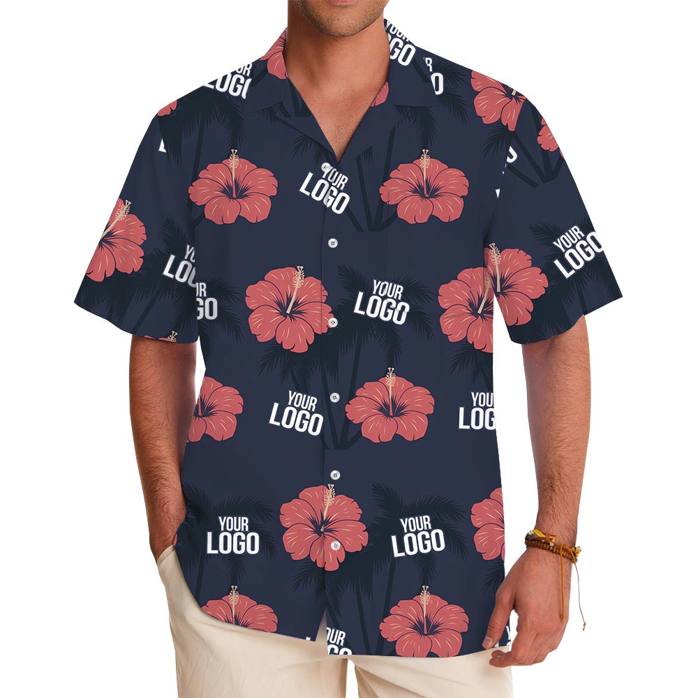 Classic Hibiscus Navy Hawaiian Shirt Custom Logo - variant image 1