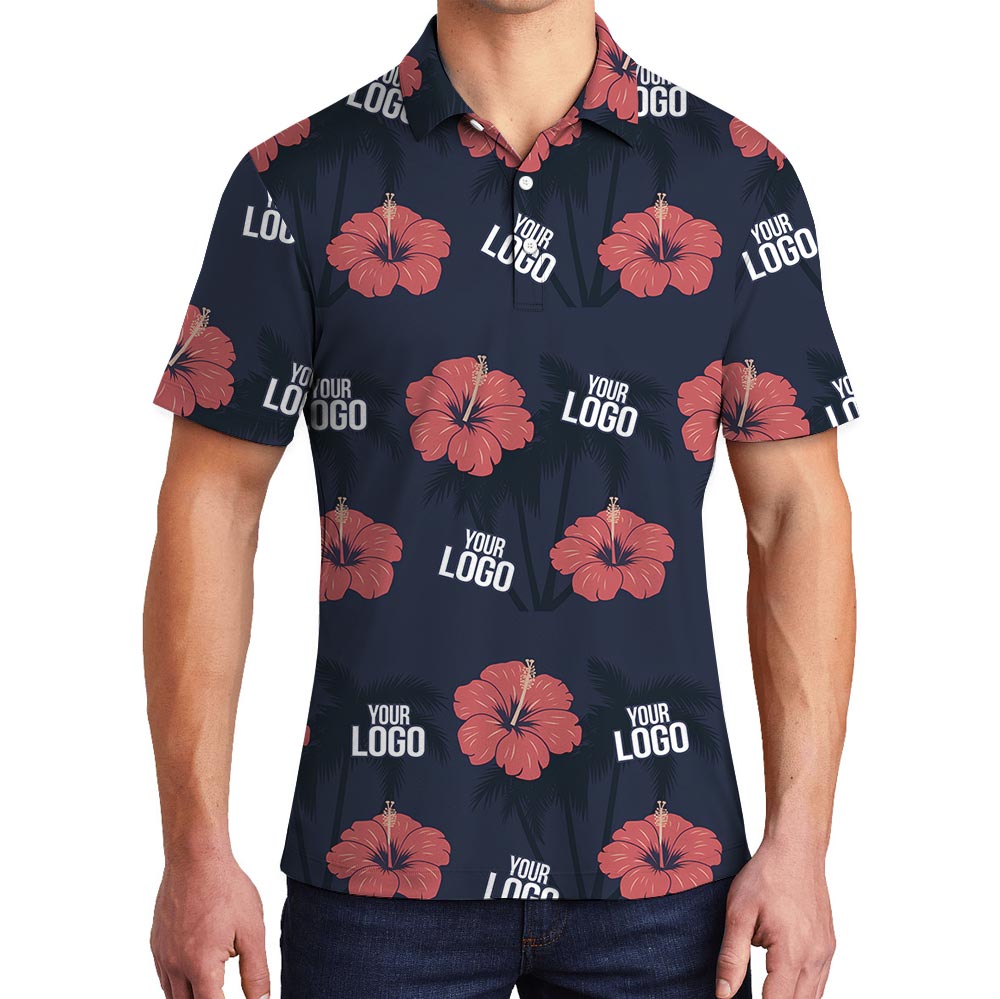 Pink Hibiscus Navy Hawaiian Polo Custom Logo With Preview - variant image 1