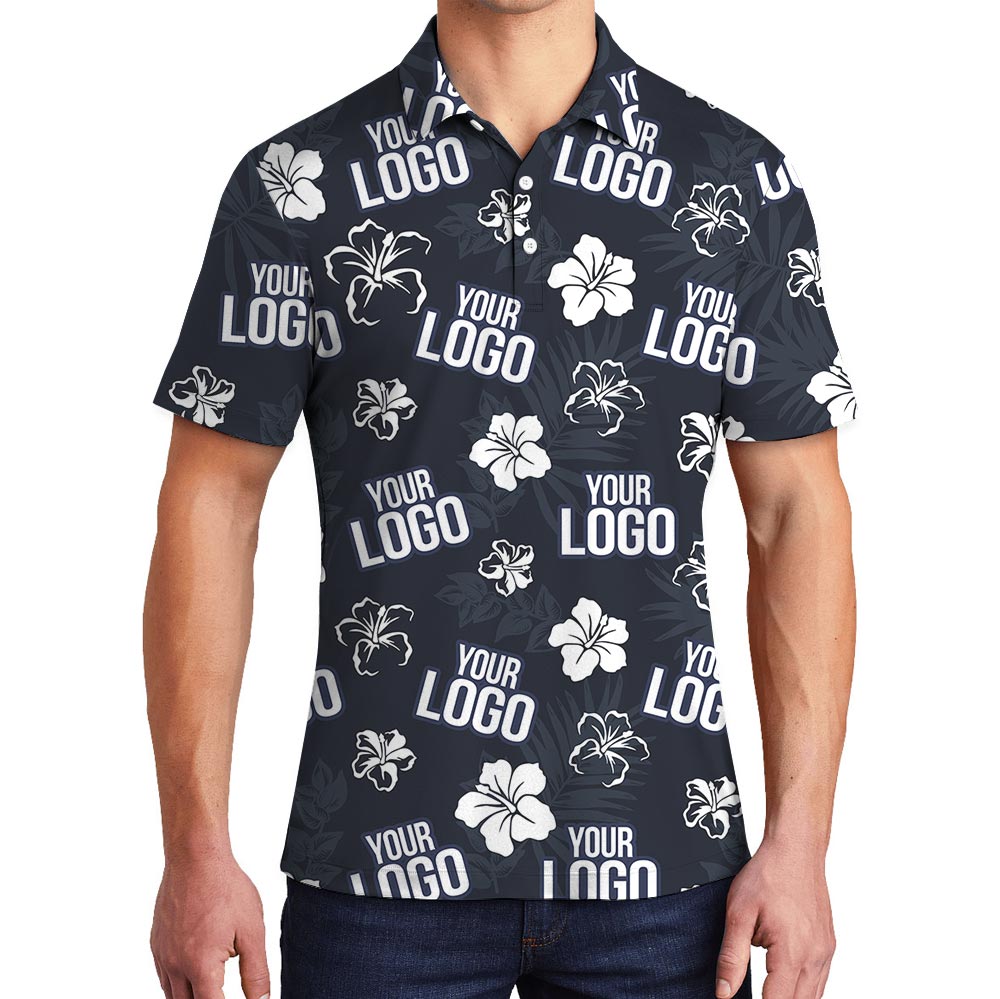 Unique Custom Logo Navy Hibiscus Collared Polo Shirt - variant image 1