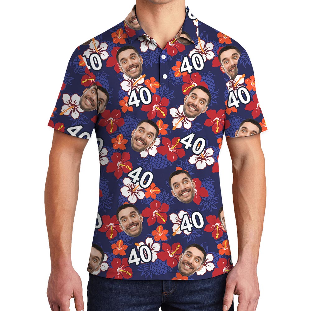 Custom Face Birthday Hawaiian Polo Shirt Navy - variant image 1