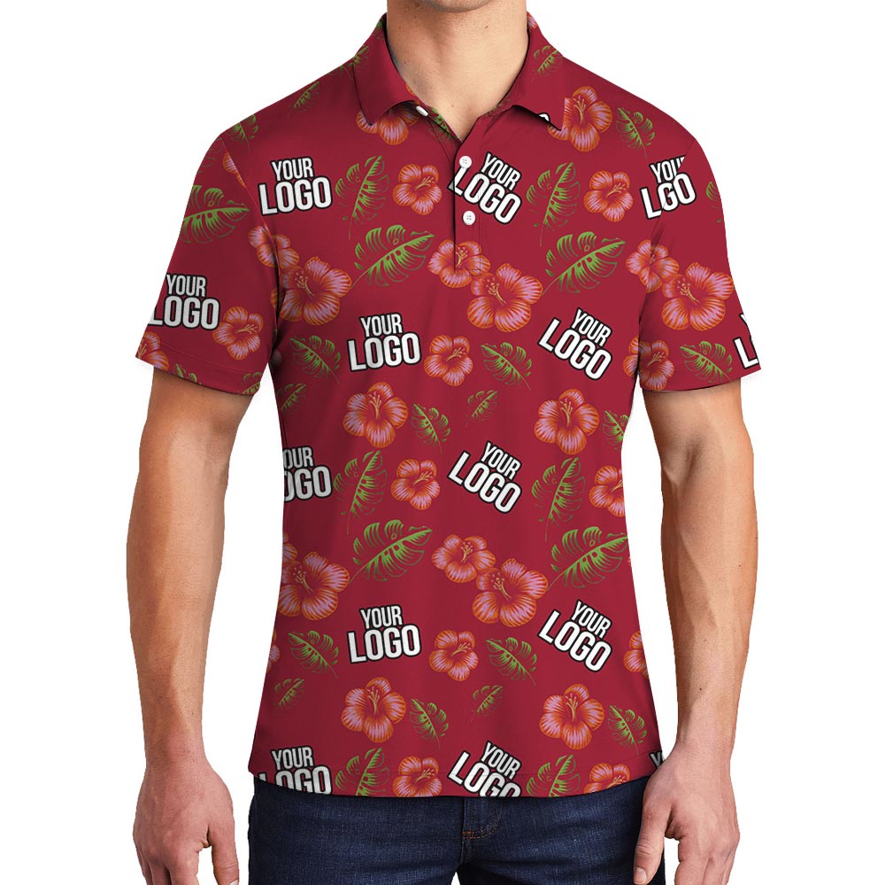 Custom Red Hibiscus Hawaiian Polo Shirt With Faces Or Logo - variant image 1