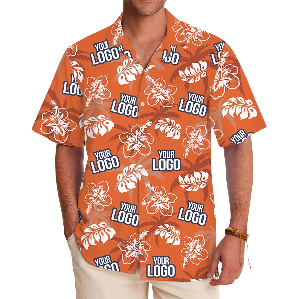 Custom Logo Hawaiian Button Shirt Orange Hibiscus - variant image 1