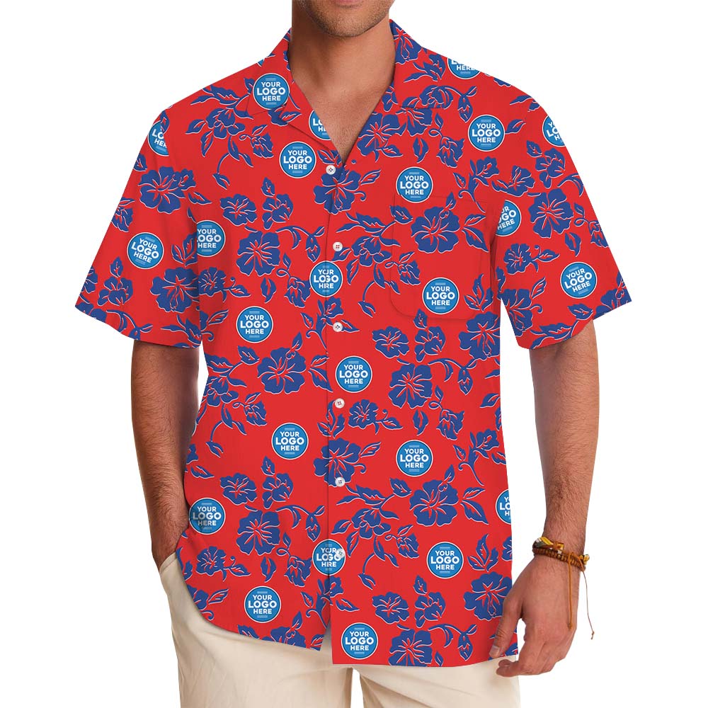 Navy Red Floral Hawaiian Shirt With Customized Logo - variant image 1
