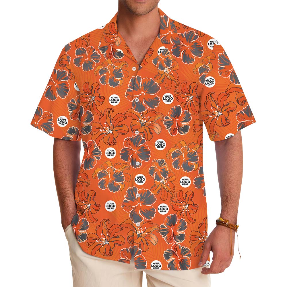 Orange Hibiscus Button Up Logo Hawaiian Shirt With Logo - variant image 1