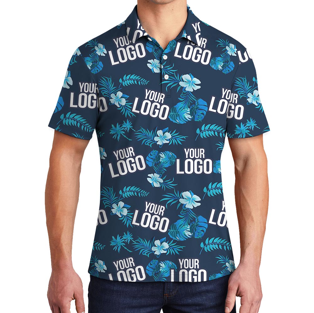 Navy Floral Polo Tropical Shirt With Custom Logo - variant image 1