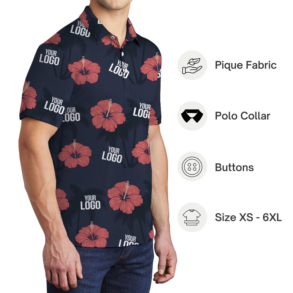Pink Hibiscus Navy Hawaiian Polo Custom Logo With Preview