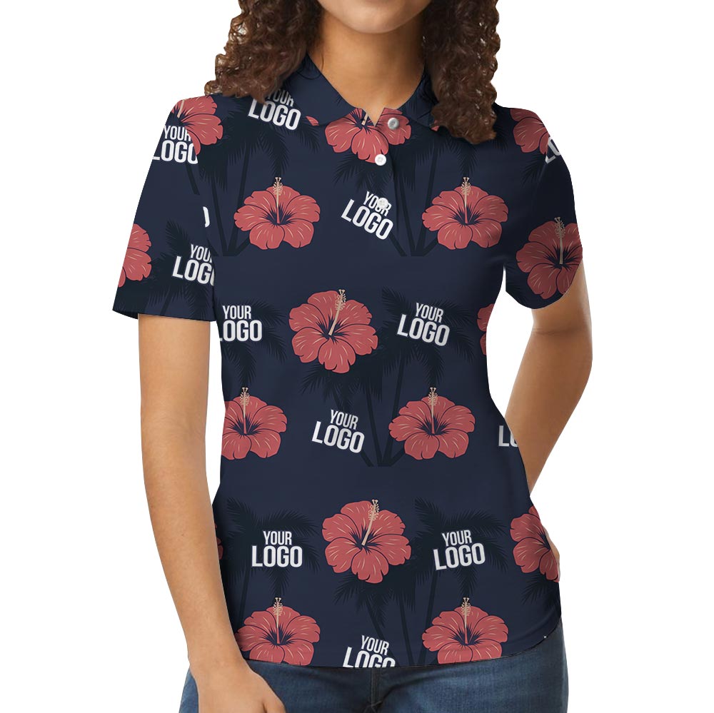 Pink Hibiscus Navy Hawaiian Polo Custom Logo With Preview