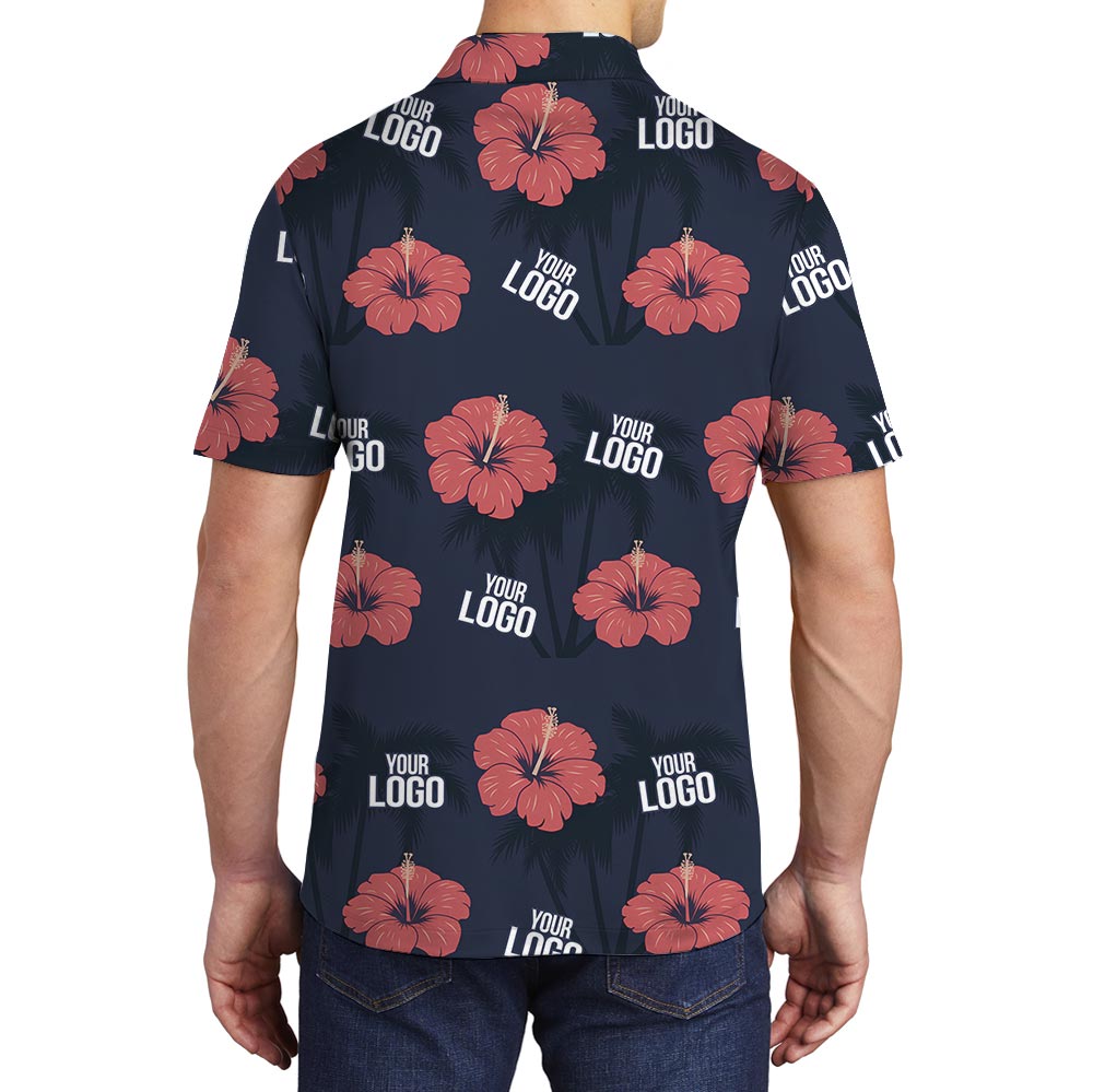 Pink Hibiscus Navy Hawaiian Polo Custom Logo With Preview