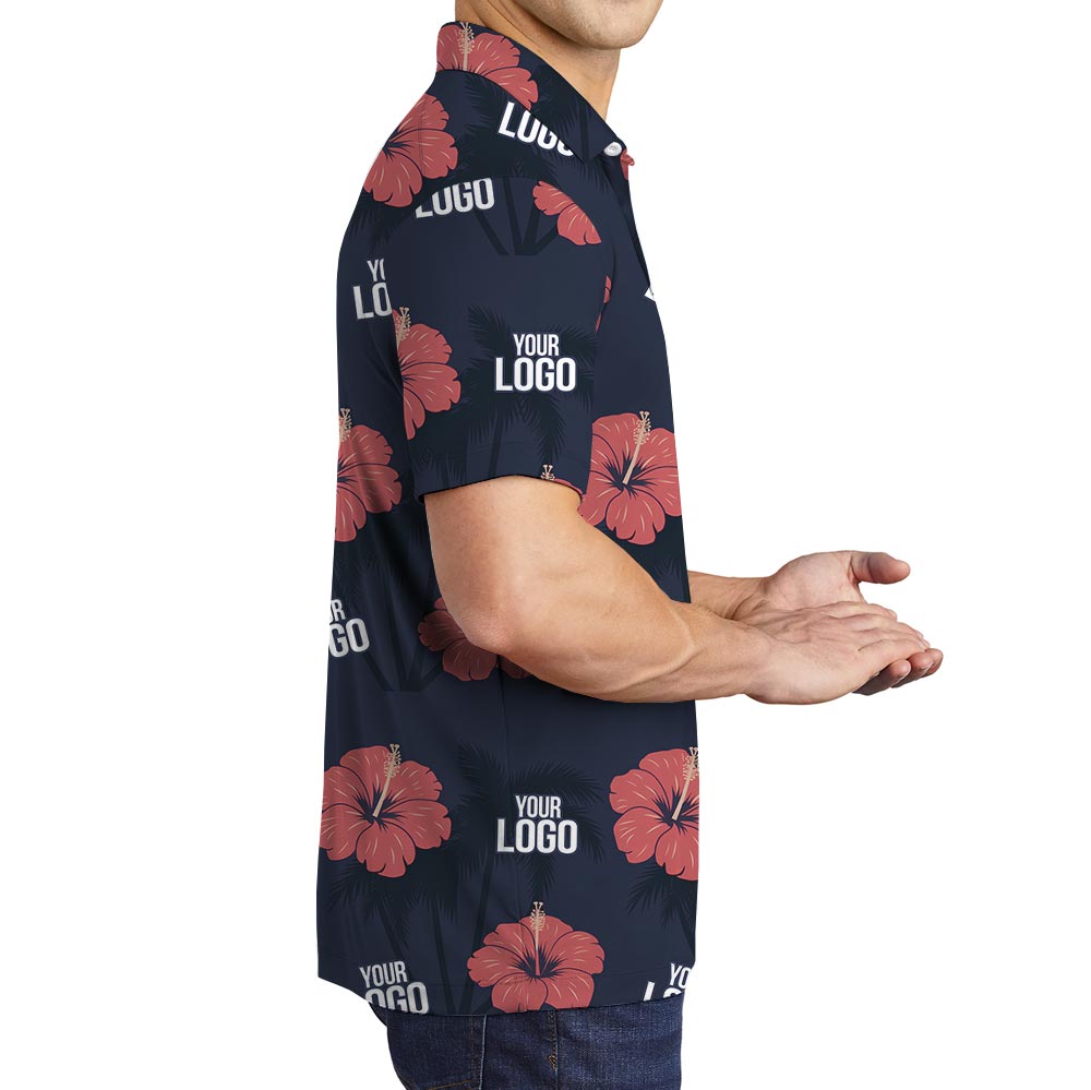 Pink Hibiscus Navy Hawaiian Polo Custom Logo With Preview