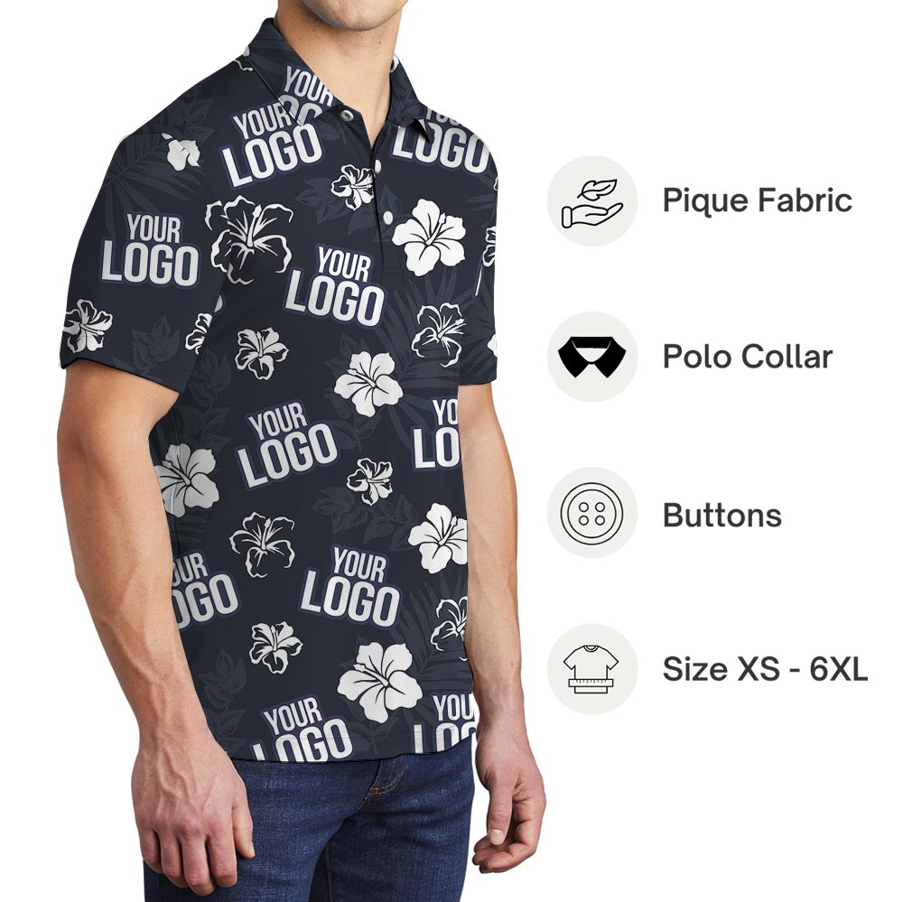 Unique Custom Logo Navy Hibiscus Collared Polo Shirt