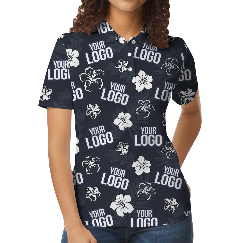 Unique Custom Logo Navy Hibiscus Collared Polo Shirt