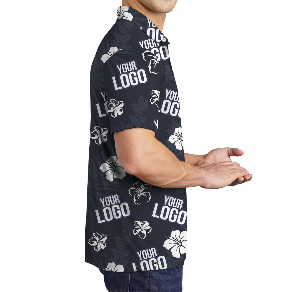 Unique Custom Logo Navy Hibiscus Collared Polo Shirt