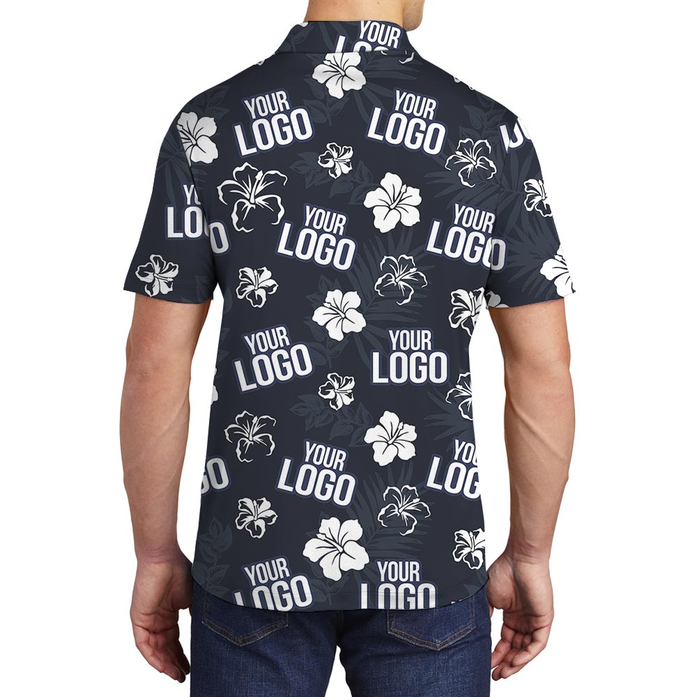 Unique Custom Logo Navy Hibiscus Collared Polo Shirt