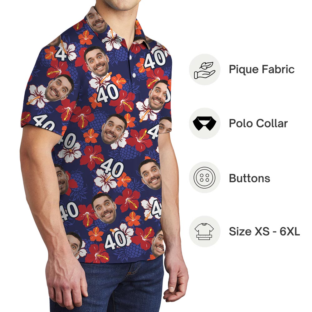 Custom Face Birthday Hawaiian Polo Shirt Navy
