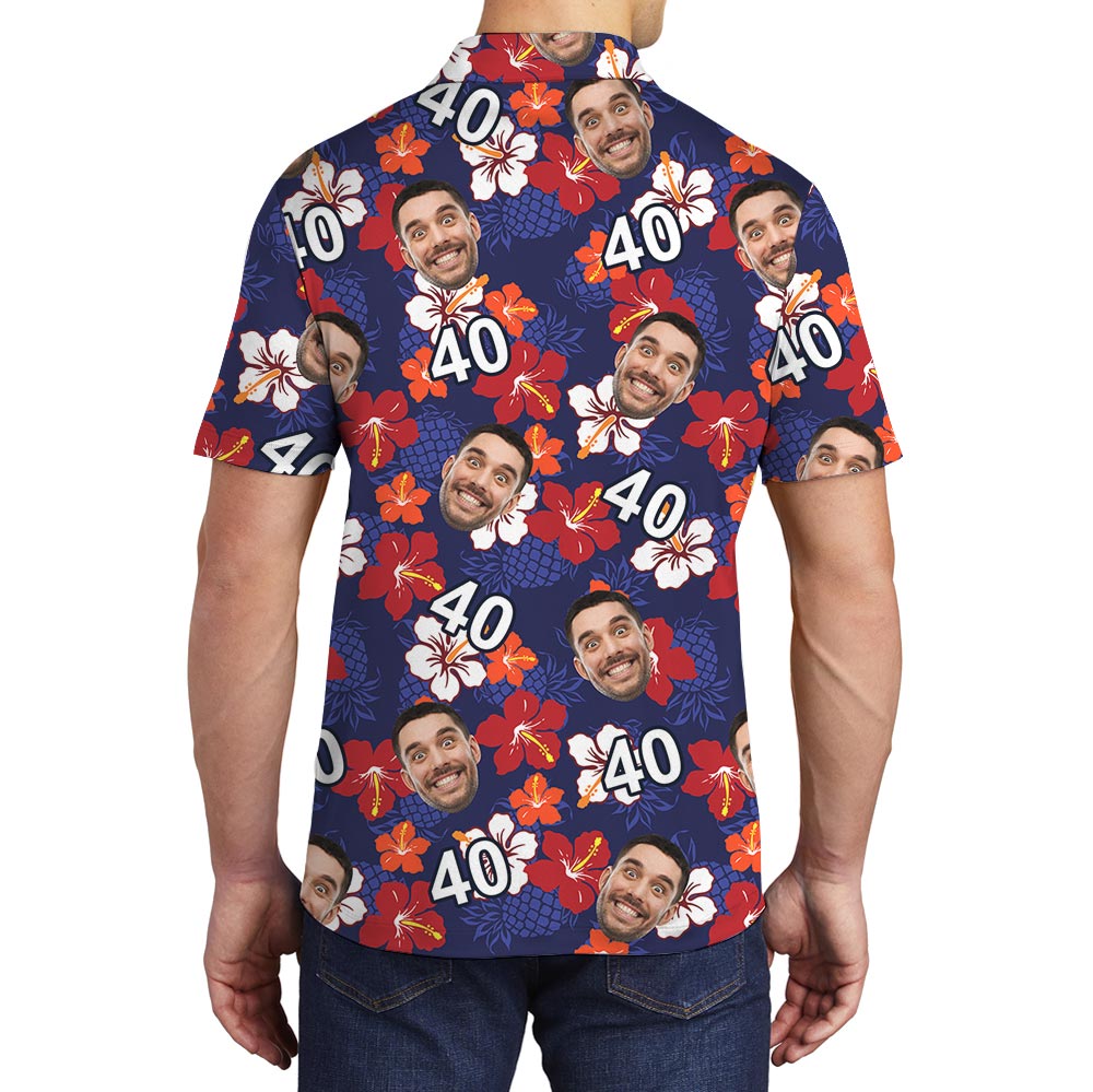 Custom Face Birthday Hawaiian Polo Shirt Navy
