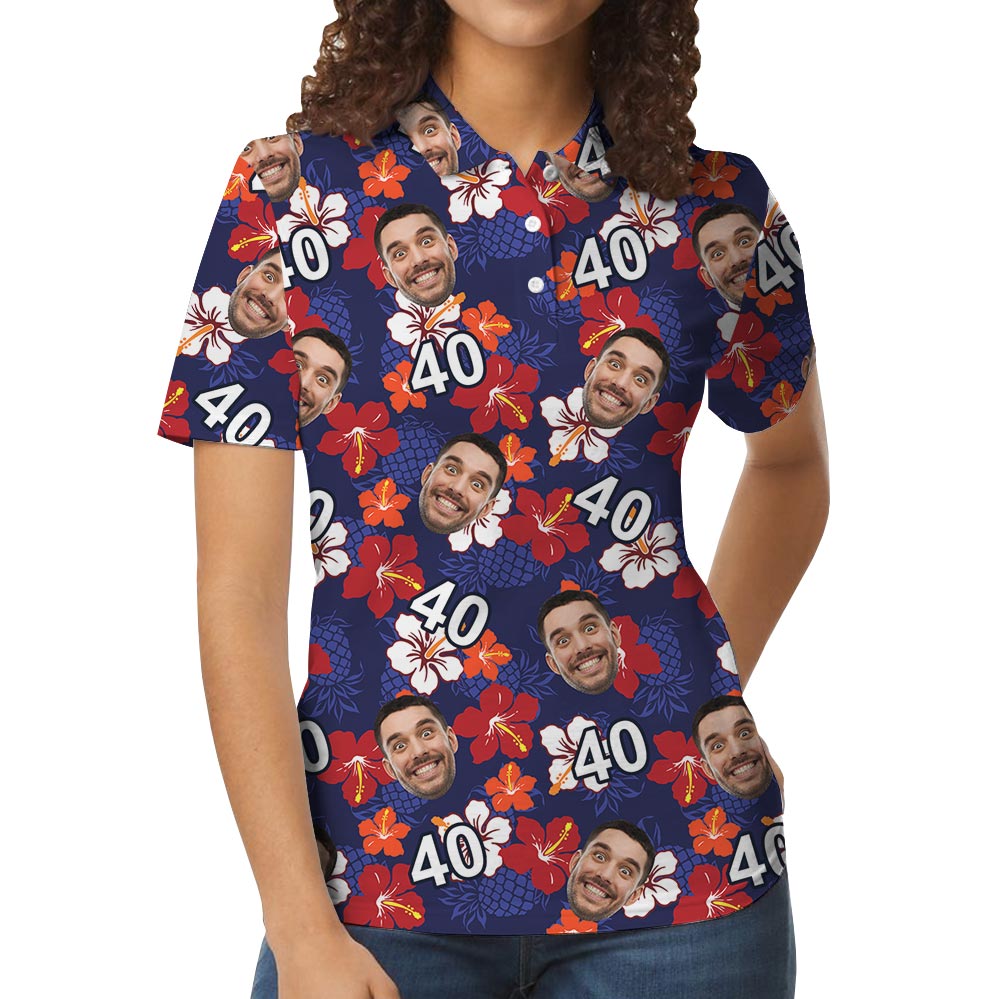 Custom Face Birthday Hawaiian Polo Shirt Navy